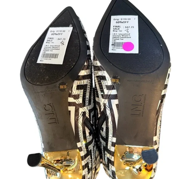INC Black White Maze Rakima Sparkle Pointed Toe Gold Heeled Women's Boots 8 - Picture 8 of 9